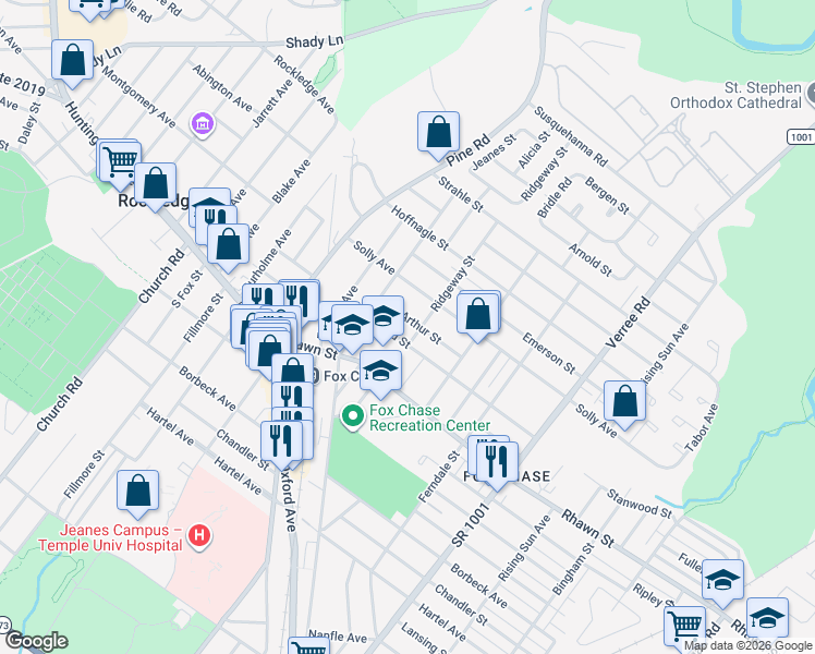 map of restaurants, bars, coffee shops, grocery stores, and more near 601 Stanwood Street in Philadelphia