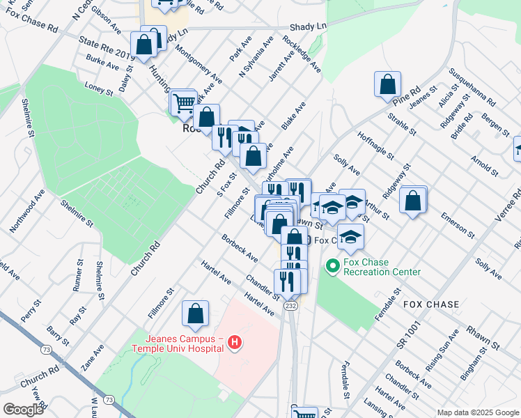 map of restaurants, bars, coffee shops, grocery stores, and more near 300 Loney Street in Philadelphia