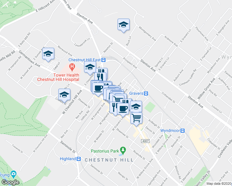 map of restaurants, bars, coffee shops, grocery stores, and more near 201 East Highland Avenue in Philadelphia