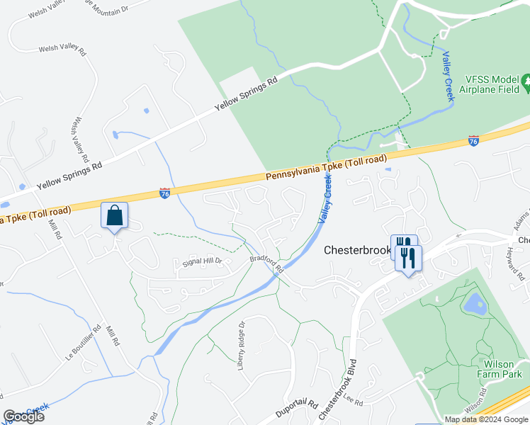 map of restaurants, bars, coffee shops, grocery stores, and more near 111 Valley Stream Circle in Chesterbrook