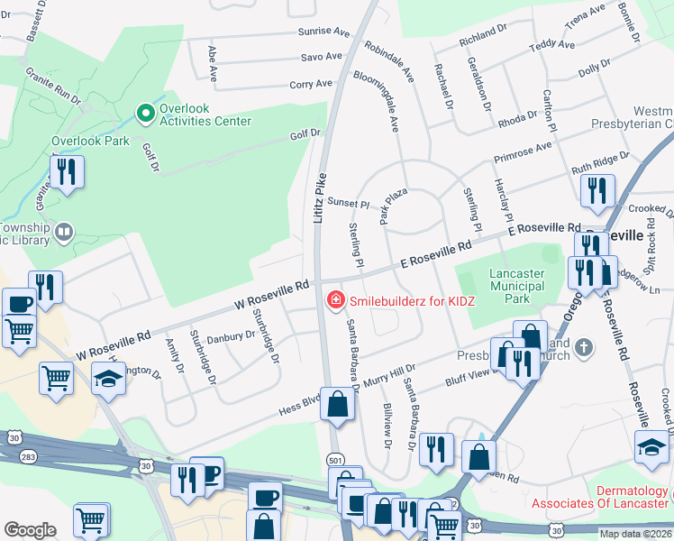 map of restaurants, bars, coffee shops, grocery stores, and more near 4 East Roseville Road in Lancaster