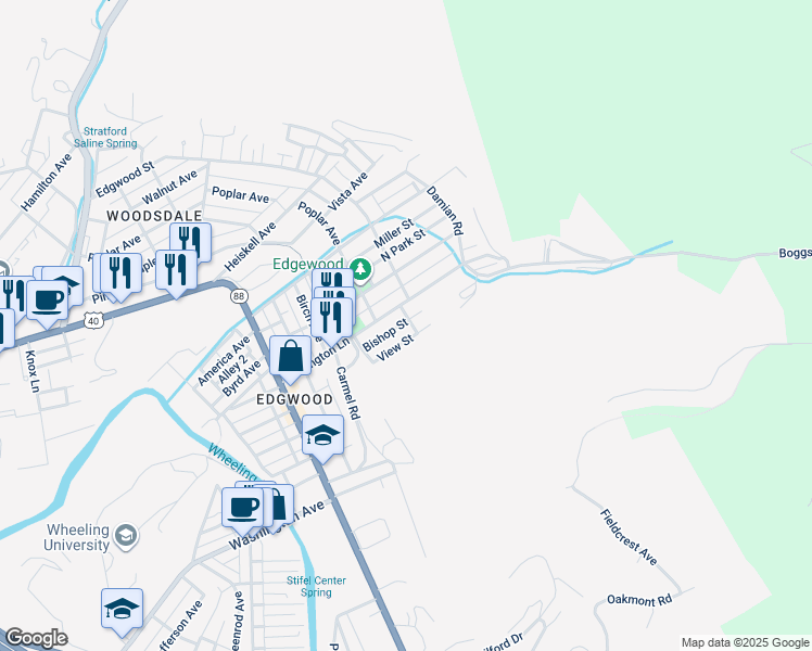 map of restaurants, bars, coffee shops, grocery stores, and more near 49 View St in Wheeling
