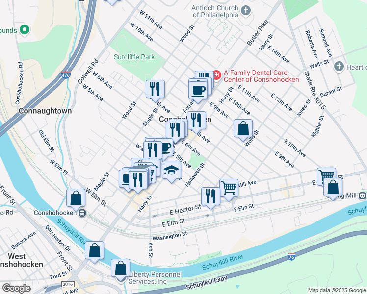 map of restaurants, bars, coffee shops, grocery stores, and more near 501 Harry Street in Conshohocken