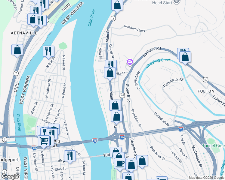 map of restaurants, bars, coffee shops, grocery stores, and more near 501 Main Street in Wheeling