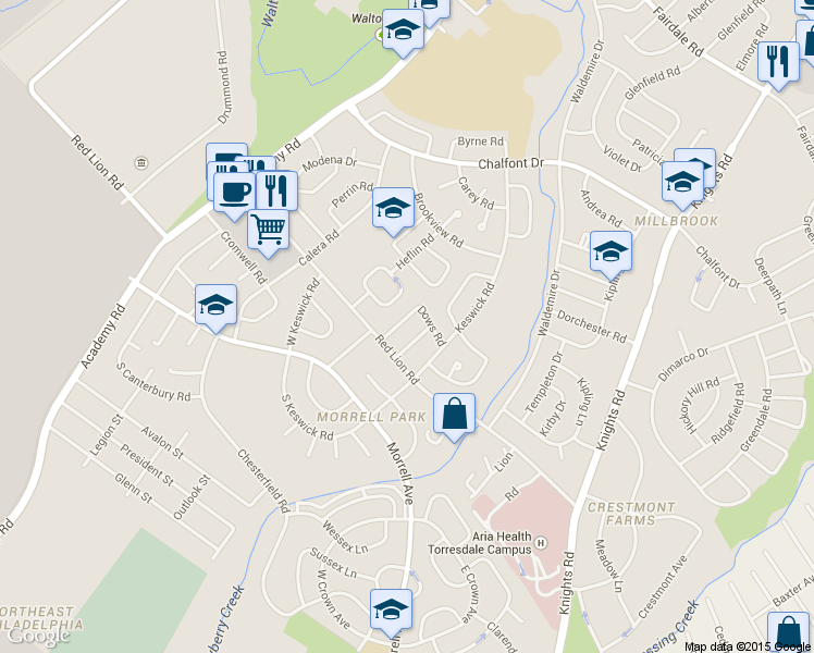 map of restaurants, bars, coffee shops, grocery stores, and more near 10729 Albemarle Lane in Philadelphia