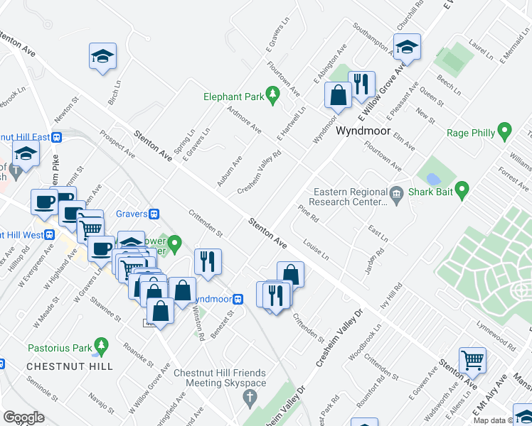map of restaurants, bars, coffee shops, grocery stores, and more near 502 Wyndmoor Avenue in Wyndmoor