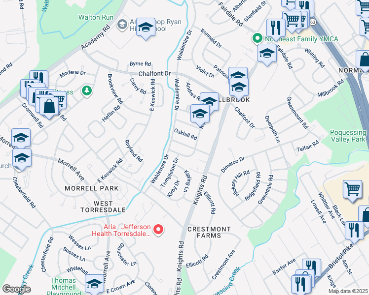 map of restaurants, bars, coffee shops, grocery stores, and more near 3810 Dorchester Road in Philadelphia
