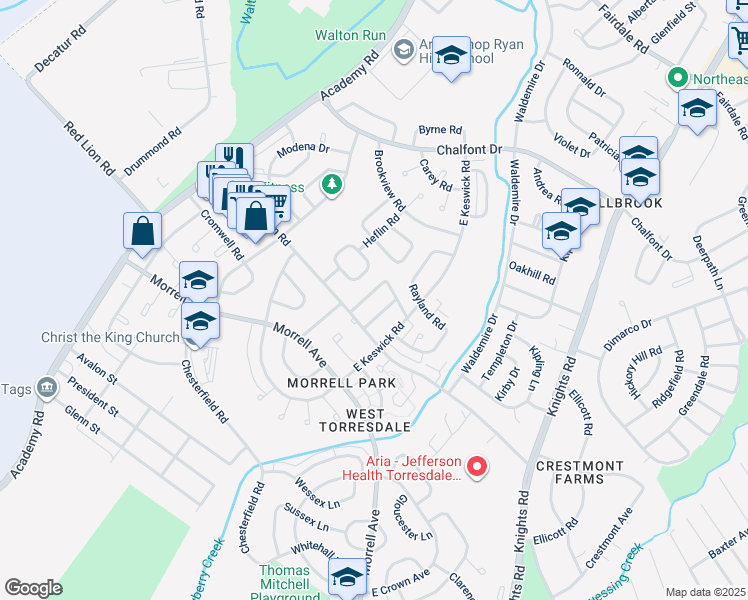 map of restaurants, bars, coffee shops, grocery stores, and more near 10729 Albemarle Lane in Philadelphia