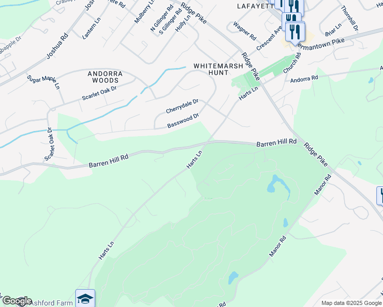 map of restaurants, bars, coffee shops, grocery stores, and more near 2187 Harts Lane in Conshohocken