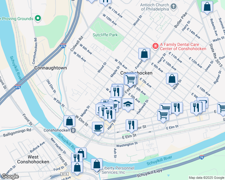 map of restaurants, bars, coffee shops, grocery stores, and more near 122 West 4th Avenue in Conshohocken