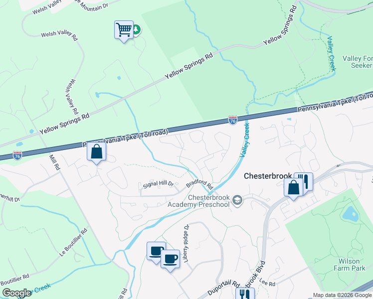 map of restaurants, bars, coffee shops, grocery stores, and more near 1311 Eagles Ridge Drive in Chesterbrook