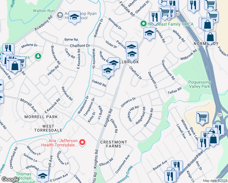 map of restaurants, bars, coffee shops, grocery stores, and more near 11006 Knights Road in Philadelphia