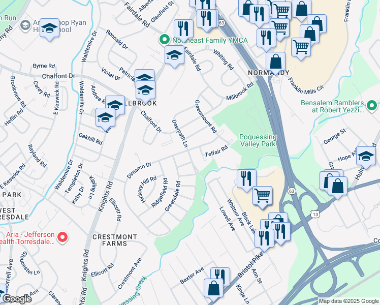map of restaurants, bars, coffee shops, grocery stores, and more near 11701 Dimarco Drive in Philadelphia