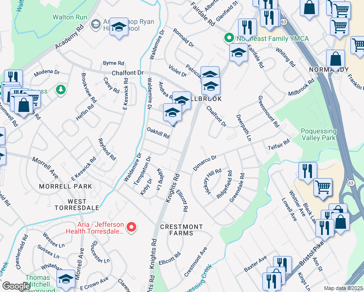 map of restaurants, bars, coffee shops, grocery stores, and more near 11006 Knights Road in Philadelphia