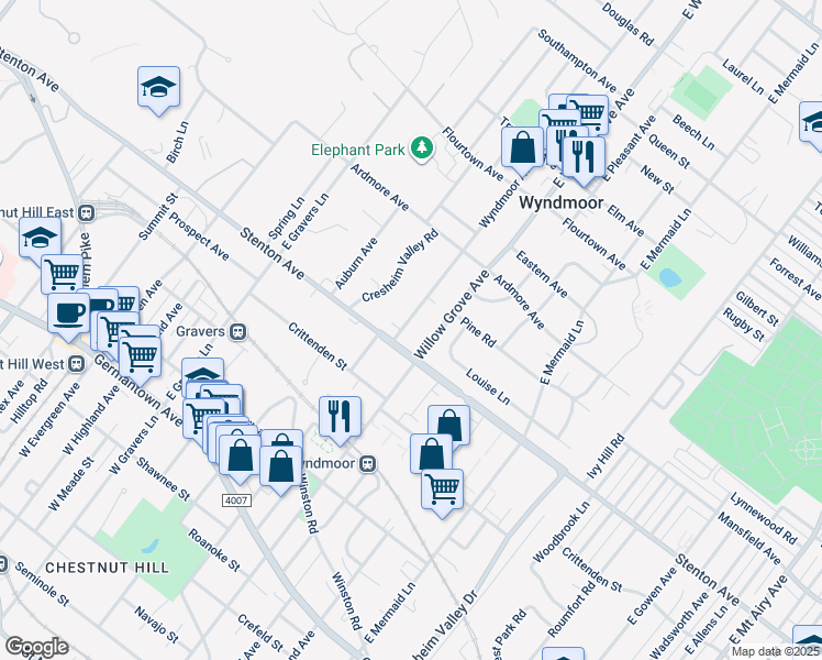 map of restaurants, bars, coffee shops, grocery stores, and more near 502 Wyndmoor Avenue in Wyndmoor