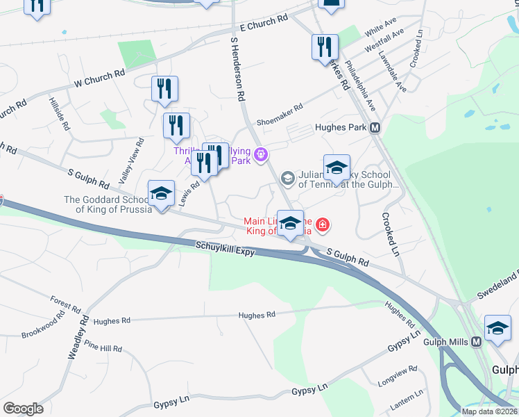 map of restaurants, bars, coffee shops, grocery stores, and more near 678 South Gulph Road in King of Prussia