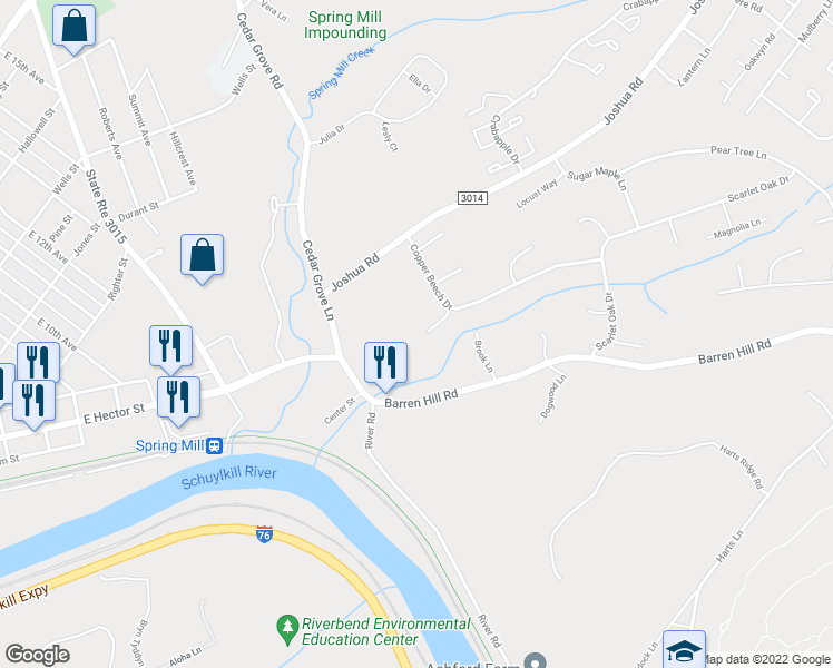 map of restaurants, bars, coffee shops, grocery stores, and more near 10 Buttonwood Circle in Lafayette Hill