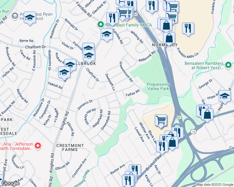 map of restaurants, bars, coffee shops, grocery stores, and more near 11701 Dimarco Drive in Philadelphia