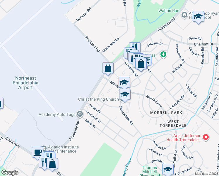 map of restaurants, bars, coffee shops, grocery stores, and more near 10030 Westbourne Place in Philadelphia