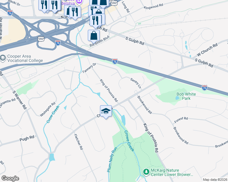 map of restaurants, bars, coffee shops, grocery stores, and more near 357 King of Prussia Road in Wayne