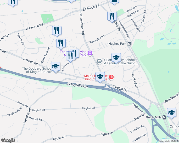 map of restaurants, bars, coffee shops, grocery stores, and more near 678 South Gulph Road in King of Prussia