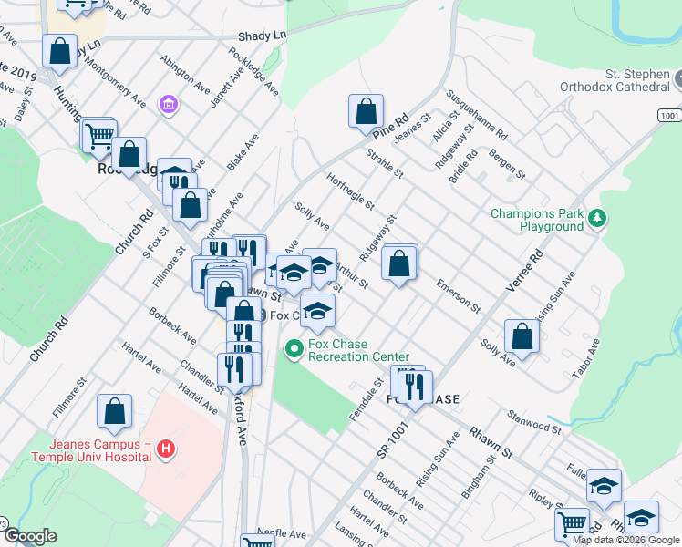 map of restaurants, bars, coffee shops, grocery stores, and more near 601 Stanwood Street in Philadelphia