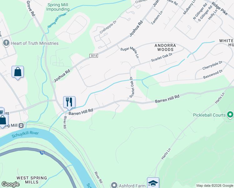 map of restaurants, bars, coffee shops, grocery stores, and more near 505 Dogwood Lane in Conshohocken