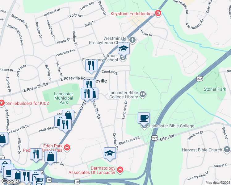 map of restaurants, bars, coffee shops, grocery stores, and more near 706 Maplewood Avenue in Lancaster