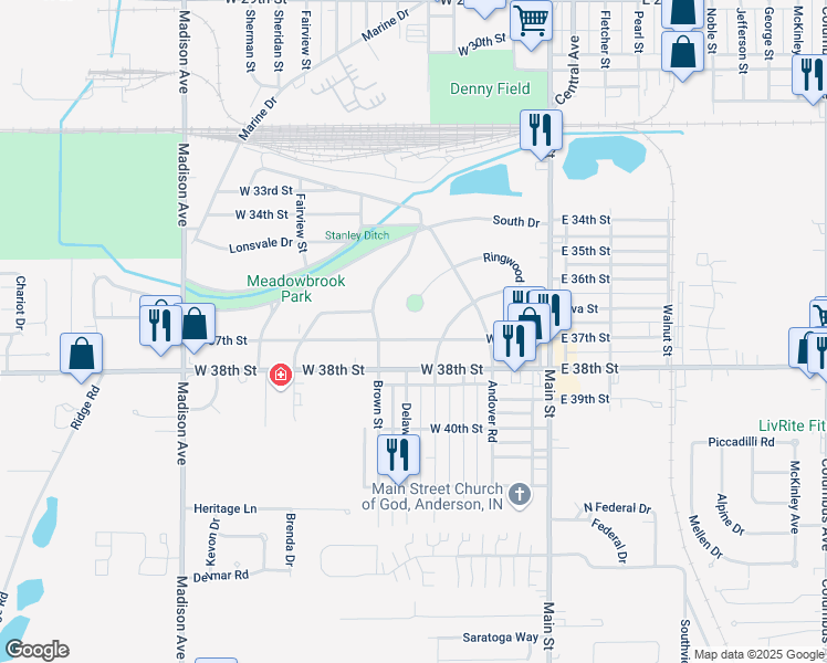 map of restaurants, bars, coffee shops, grocery stores, and more near 219 West 37th Street in Anderson