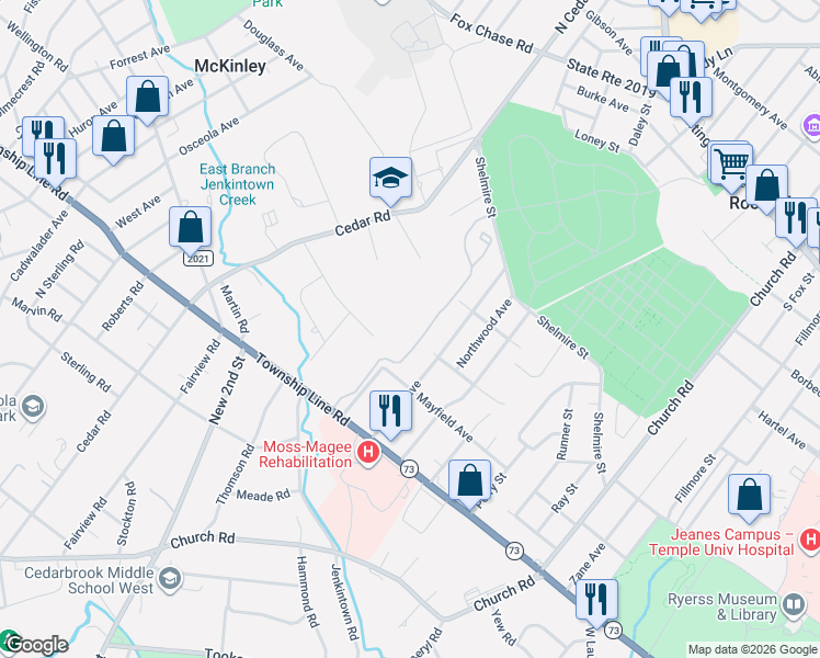 map of restaurants, bars, coffee shops, grocery stores, and more near 810 Valley Glen Road in Elkins Park
