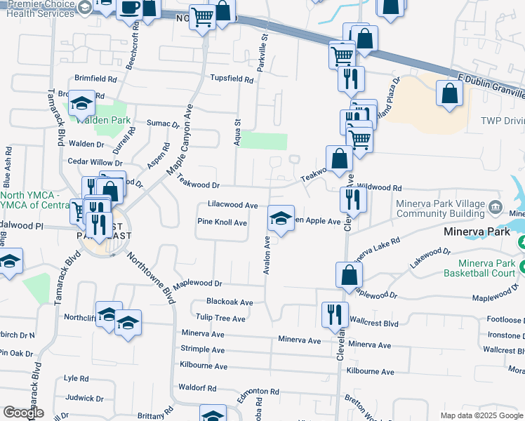 map of restaurants, bars, coffee shops, grocery stores, and more near 5276 Plumwood Street in Columbus