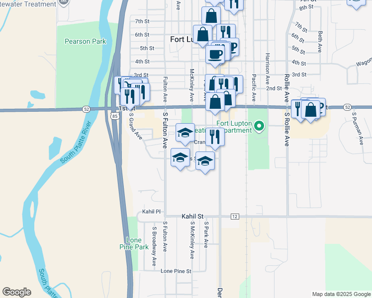 map of restaurants, bars, coffee shops, grocery stores, and more near 201 South McKinley Avenue in Fort Lupton
