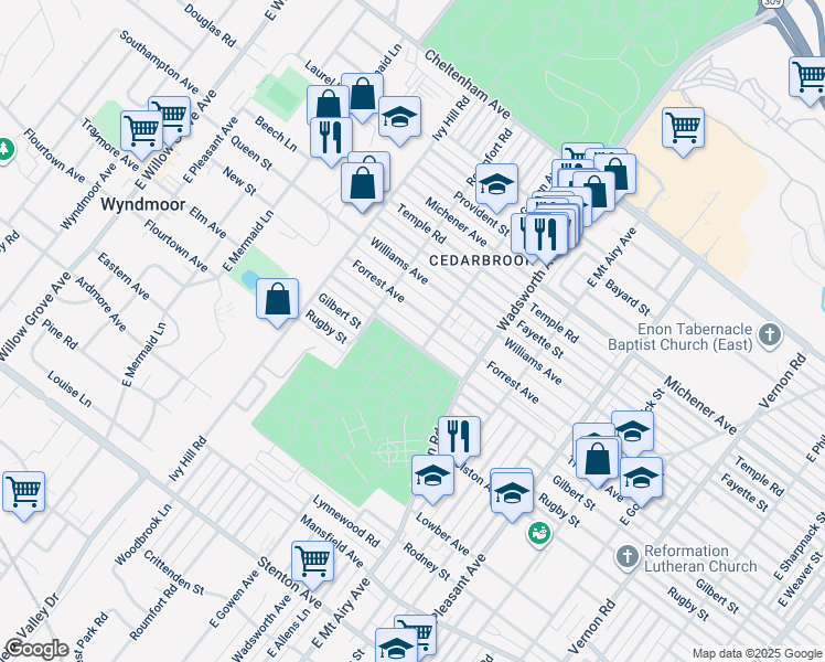 map of restaurants, bars, coffee shops, grocery stores, and more near 8521 Thouron Ave in Philadelphia