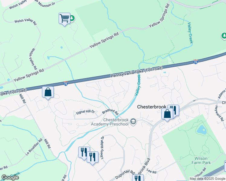 map of restaurants, bars, coffee shops, grocery stores, and more near 114 Valley Stream Circle in Chesterbrook
