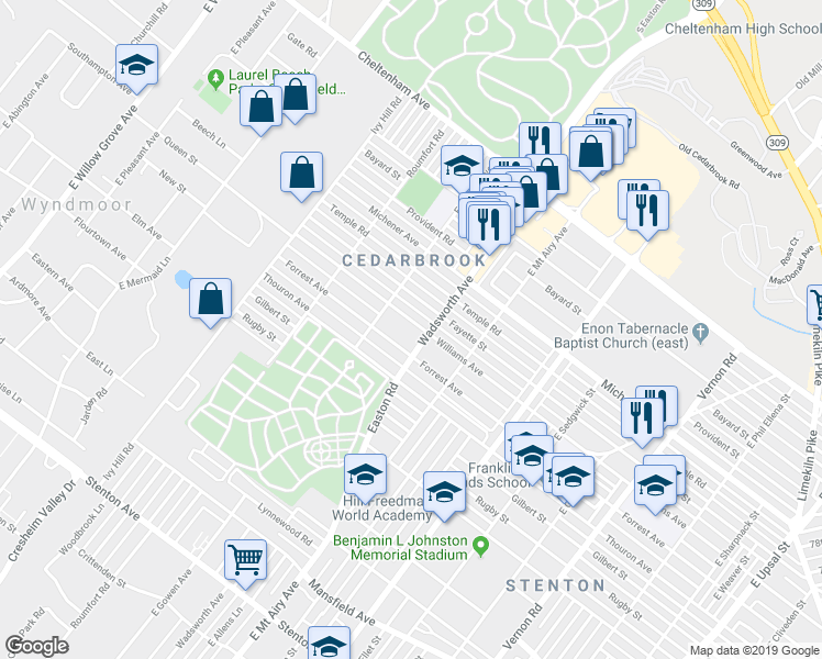 map of restaurants, bars, coffee shops, grocery stores, and more near 8416 Williams Avenue in Philadelphia