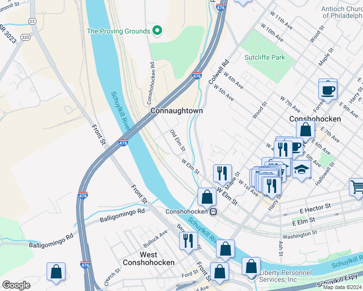 map of restaurants, bars, coffee shops, grocery stores, and more near 410 Old Elm Street in Conshohocken