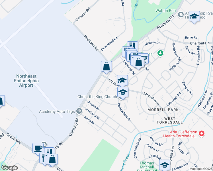 map of restaurants, bars, coffee shops, grocery stores, and more near 10028 Westbourne Place in Philadelphia