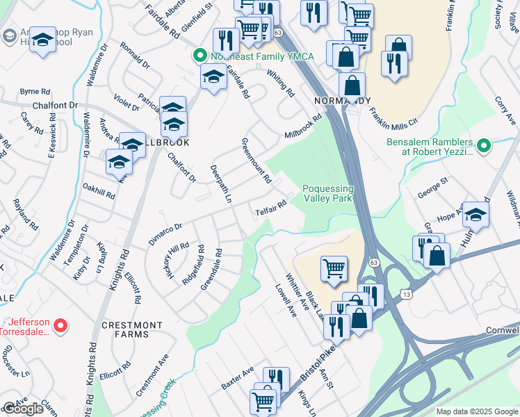 map of restaurants, bars, coffee shops, grocery stores, and more near 11702 Telfair Road in Philadelphia