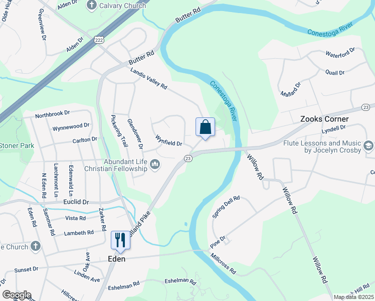 map of restaurants, bars, coffee shops, grocery stores, and more near 2002 Wynfield Drive in Lancaster
