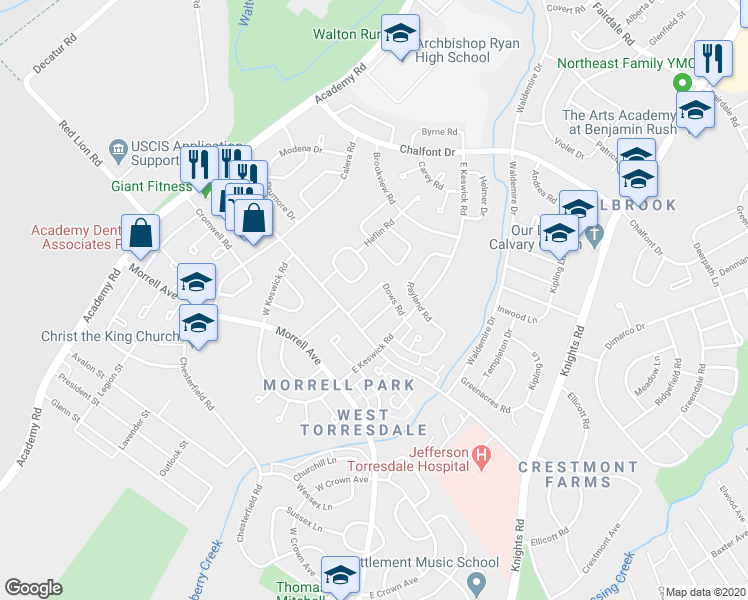map of restaurants, bars, coffee shops, grocery stores, and more near 10733 Albemarle Lane in Philadelphia