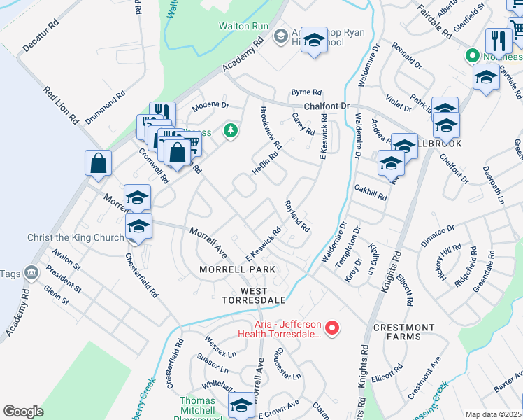 map of restaurants, bars, coffee shops, grocery stores, and more near 10733 Albemarle Lane in Philadelphia