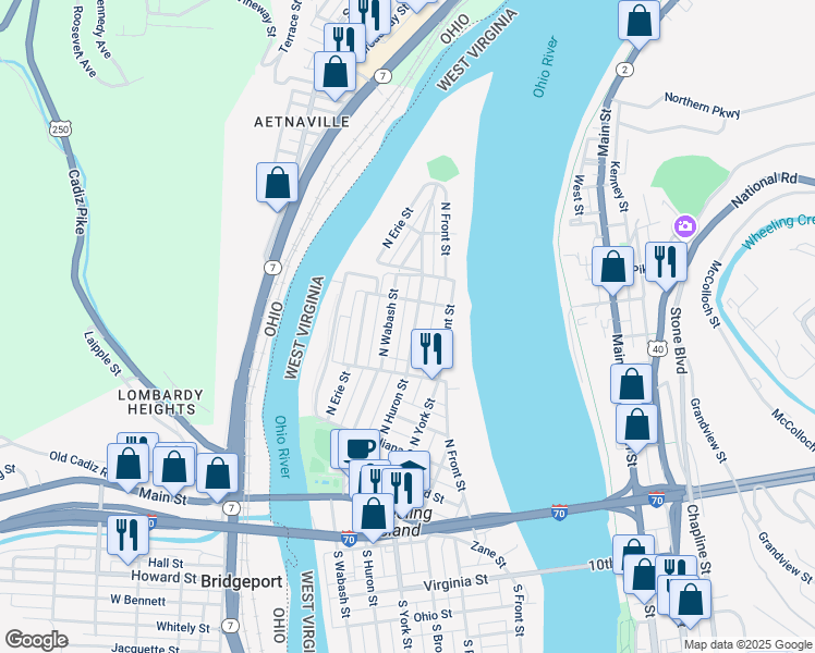 map of restaurants, bars, coffee shops, grocery stores, and more near 424 North Huron Street in Wheeling