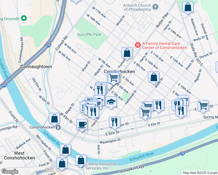 map of restaurants, bars, coffee shops, grocery stores, and more near in Conshohocken