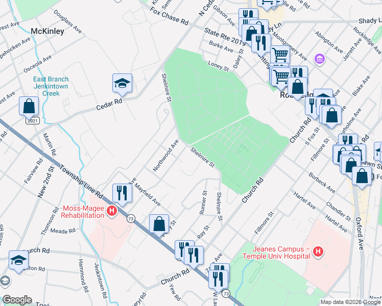 map of restaurants, bars, coffee shops, grocery stores, and more near 369 Glenmore Avenue in Elkins Park