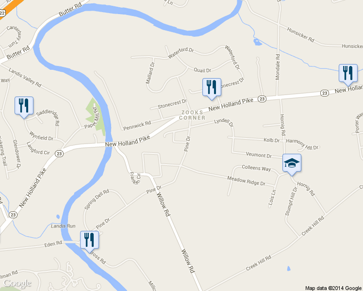 map of restaurants, bars, coffee shops, grocery stores, and more near 6 Fernbrook Circle in Lancaster