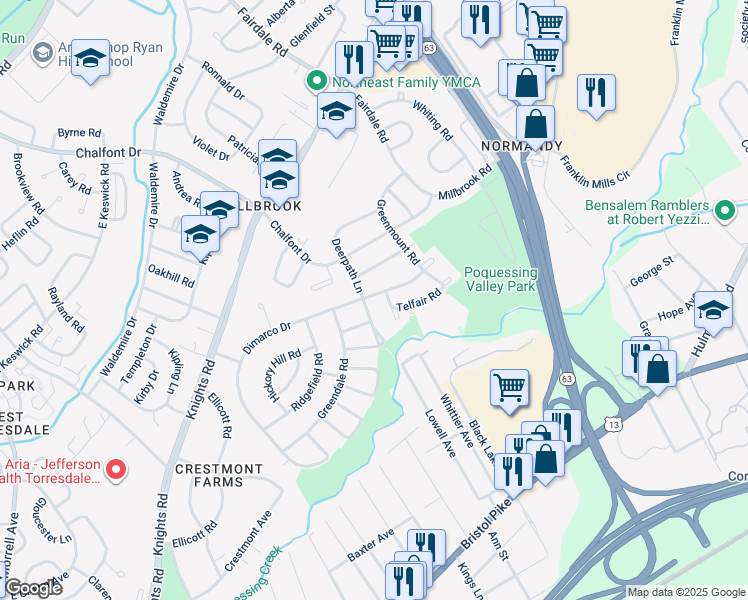 map of restaurants, bars, coffee shops, grocery stores, and more near 11707 Dimarco Drive in Philadelphia