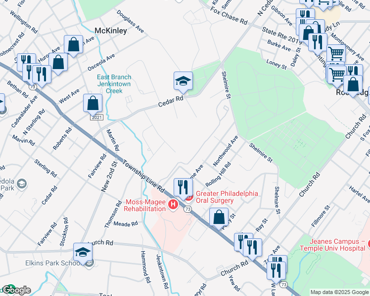 map of restaurants, bars, coffee shops, grocery stores, and more near 1206 Valley Glen Road in Elkins Park