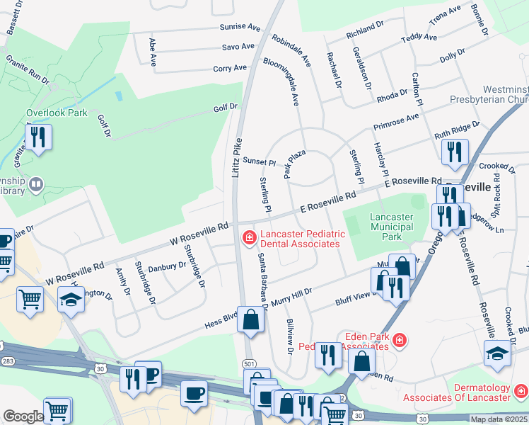 map of restaurants, bars, coffee shops, grocery stores, and more near 29 East Roseville Road in Lancaster