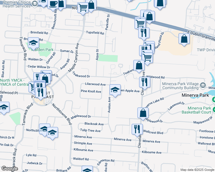 map of restaurants, bars, coffee shops, grocery stores, and more near 5276 Plumwood Street in Columbus