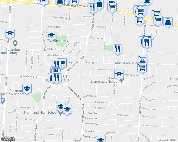 map of restaurants, bars, coffee shops, grocery stores, and more near 2146 Pine Knoll Avenue in Columbus